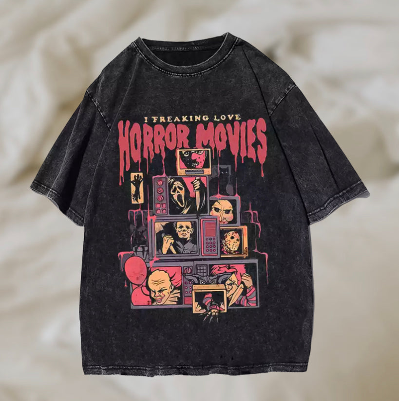 Horror movies graphic band tee acid wash tshirt