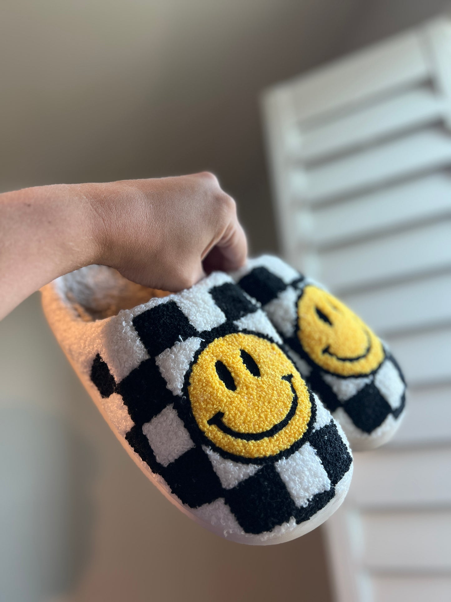 checkered smiley face slippers