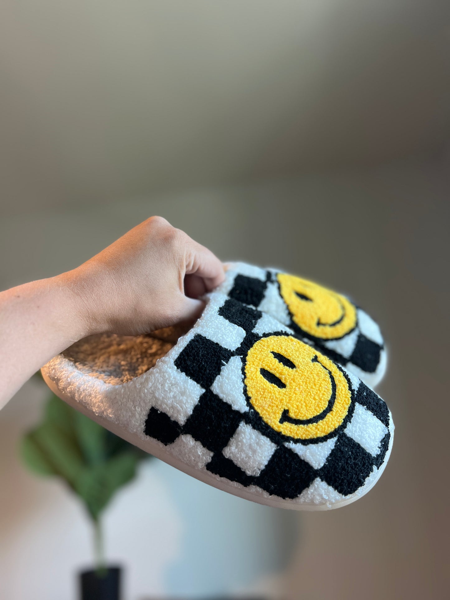 checkered smiley face slippers