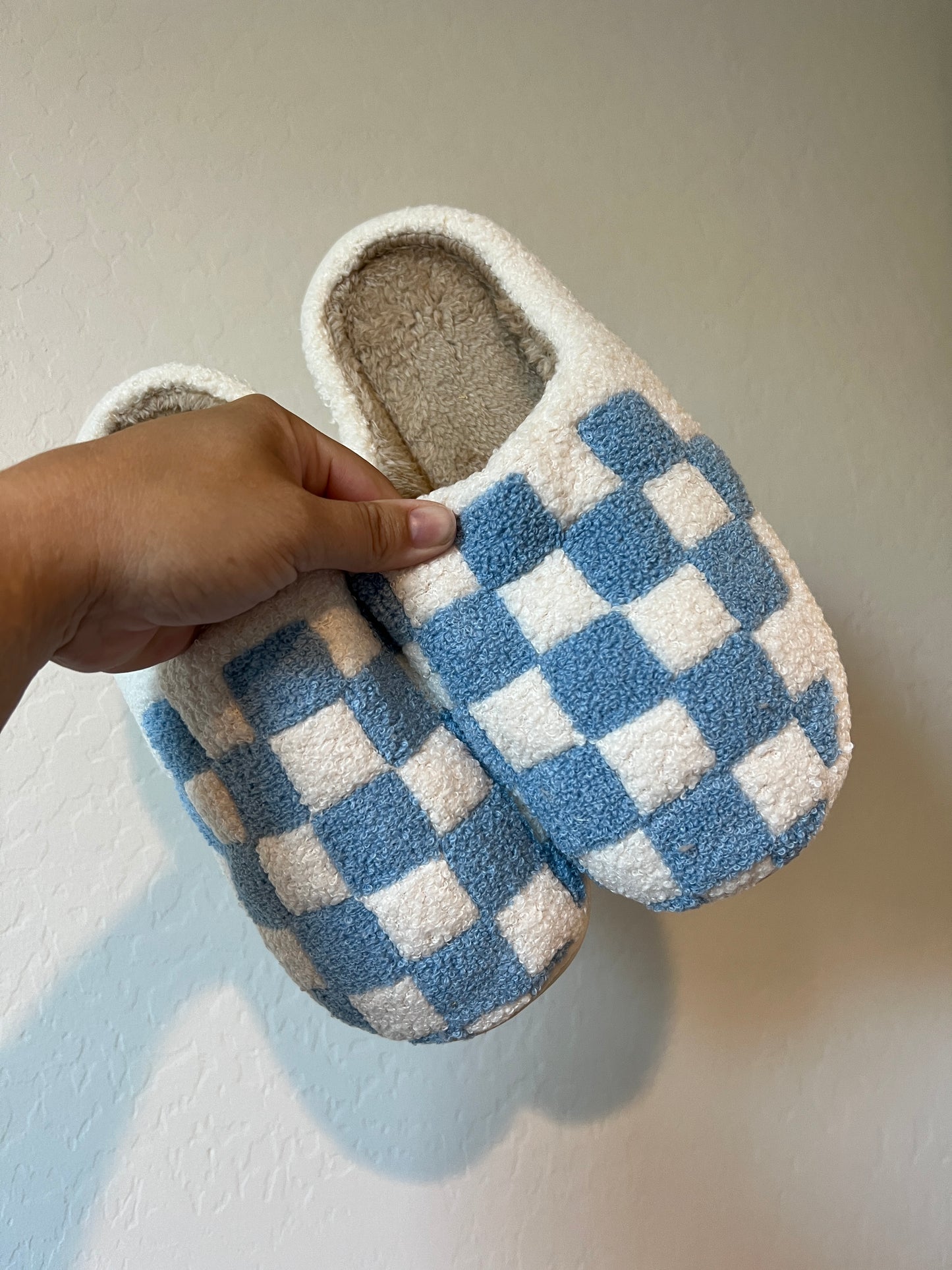 blue checkered slippers