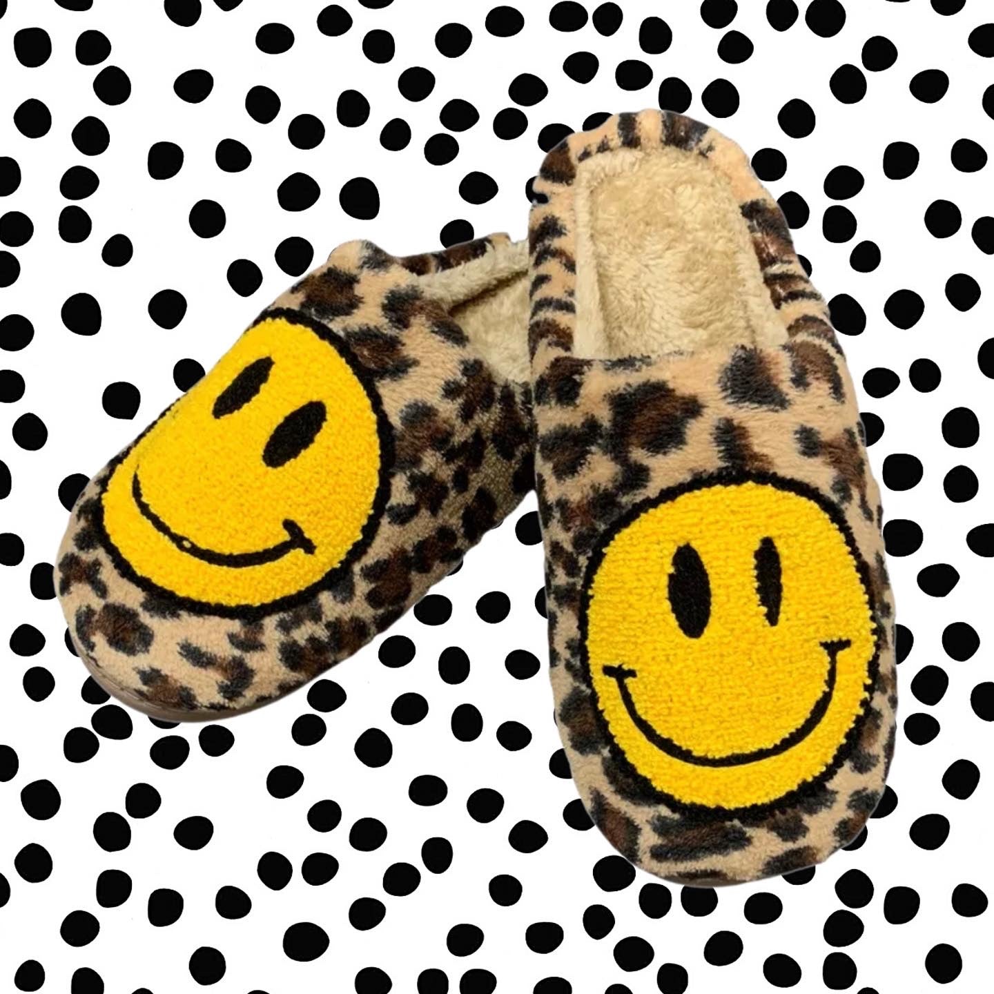 leopard smiley face slippers